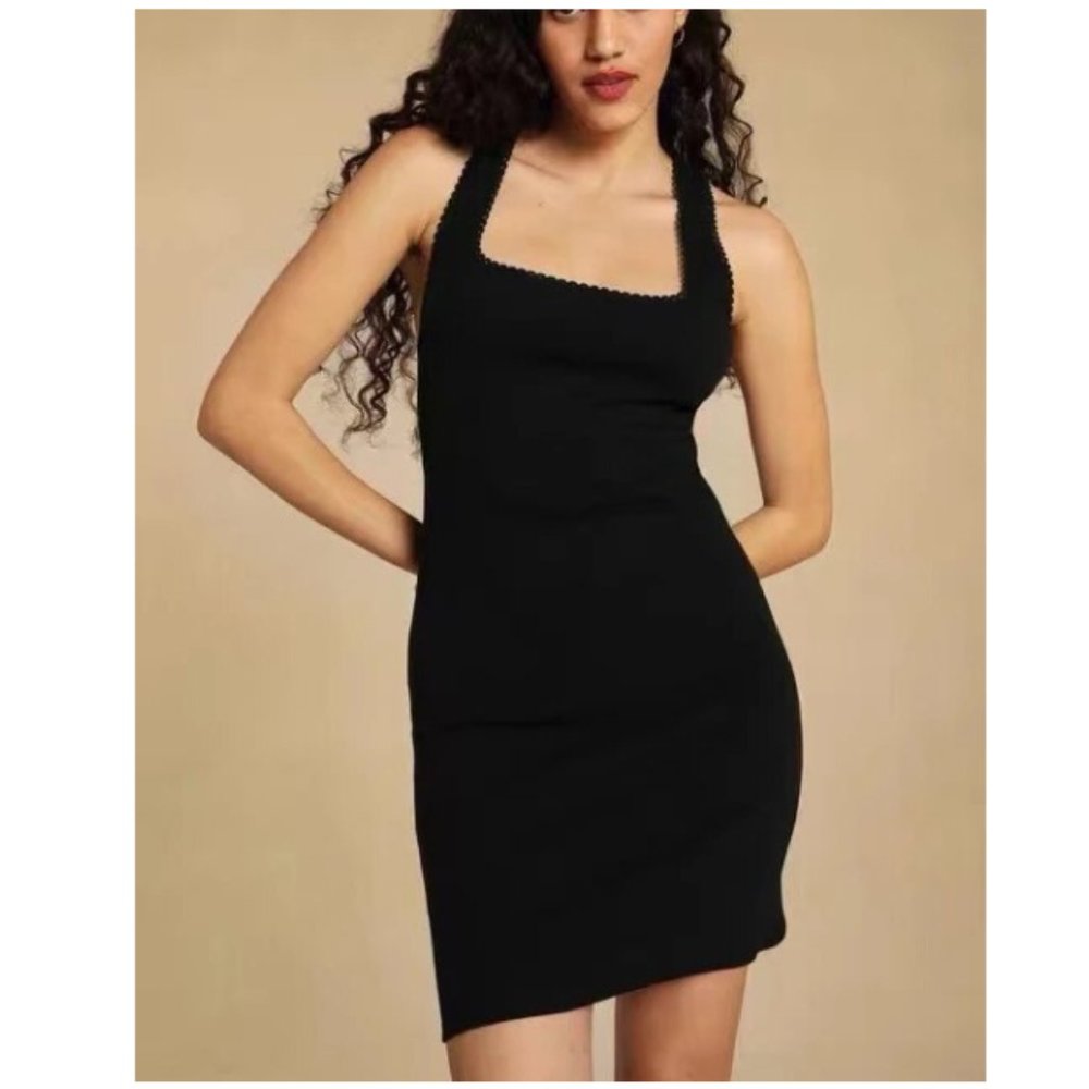 NWT ROUJE Addie Dress Cross Back with Scallop Lace Detail at Edges Black